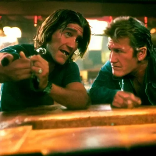 Image similar to cinestill of Jake Gyllenhaal as Patrick Swayze fighting men in a bar in the movie Road house