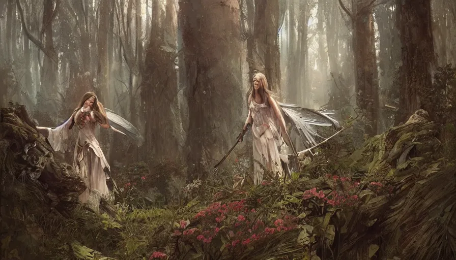 Prompt: A beautiful detailed painting of a female angel warrior reigns on a magical forest by greg rutkowski and Kalin Popov , Trending on artstation HD.