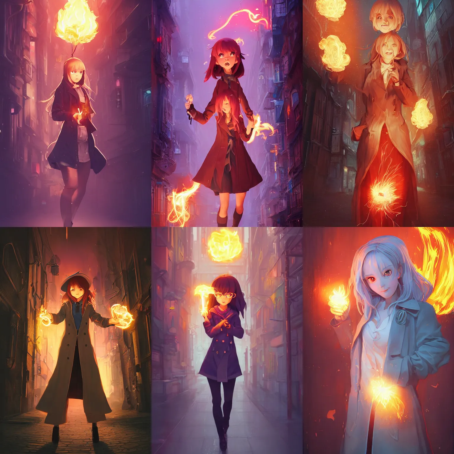 Prompt: a portrait of a cute female wizard wearing a flowing very stylish trenchcoat, holding a glowing fireball in her hand, fireball lighting her face from below, embers, urban fantasy setting, narrow street, vivid colors, warm lighting, atmospheric, cinematic, moody, in the style of Ilya Kuvshinov and Range Murata, Krenz Cushart, rule of thirds, oil on canvas, 8k
