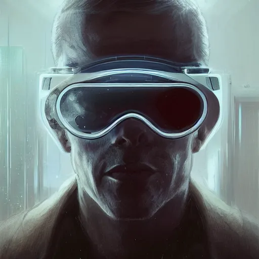 Image similar to Portrait of a man by Greg Rutkowski, symmetrical face, an young man with a VR Heaset covering his eyes, Kubric Stare, cold, twisted and sinister smile, highly detailed portrait, scifi, digital painting, artstation, book cover, cyberpunk, concept art, smooth, sharp foccus ilustration, Artstation HQ