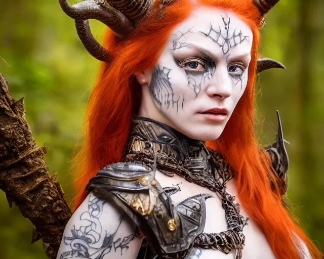 Prompt: 5 5 mm portrait photo of an armored gorgeous anesthetic redhead woman warrior with a face tattoo and horns growing from her head, and small dragon sitting on her shoulder in a magical forest in the style of stefan kostic, art by luis royo. highly detailed 8 k. intricate. lifelike. soft light. nikon d 8 5 0. cinematic post - processing