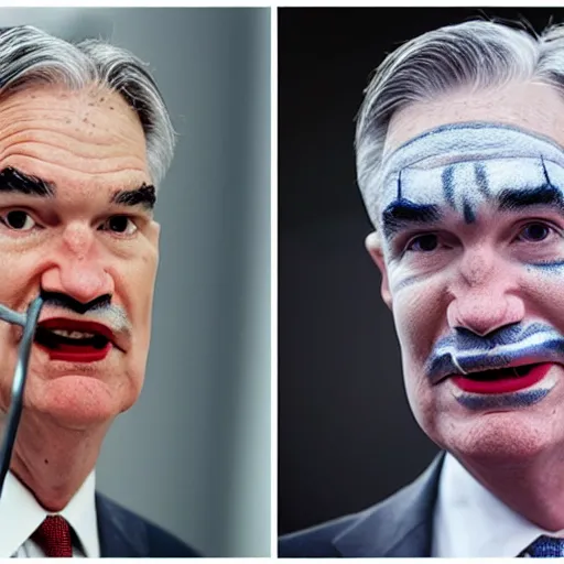 Image similar to photo of Jerome Powell with whiteface clown makeup using a flamethrower, highly-detailed