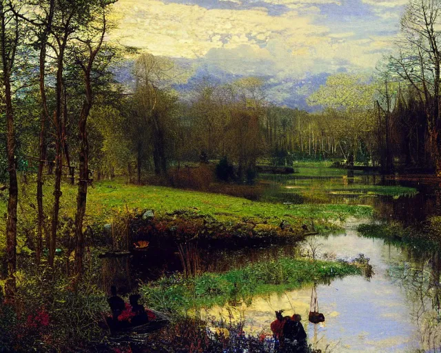 Image similar to beautiful landscape painting by viktor vasnetsov and john atkinson grimshaw and albert bierstadt, 4k