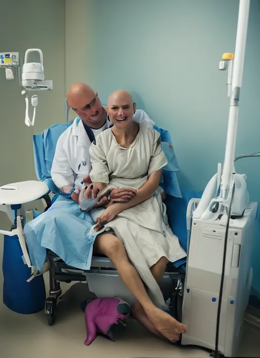 Image similar to an award winning hopeful photo of a bald 4 5 year old woman hospital patient sitting in a hospital room, wearing a hospital gown, with an iv drip, hopeful, smiles at a girl sitting on a guest chair. marketing photo by charlie waite, max rive, caroline foster.