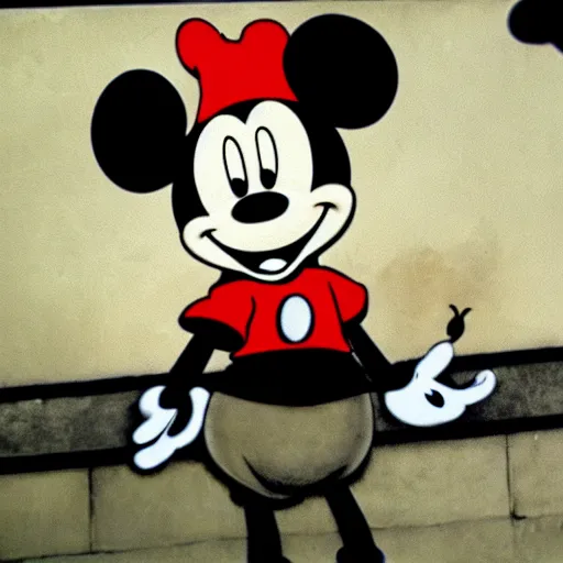 Prompt: mickey mouse holding a burrito by banksy, high definition