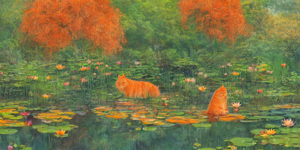 Image similar to a big fat orange cat near a mirror like pond, by alan lee, colorful clothing, springtime flowers and foliage in full bloom, lotus flowers on the water, dark foggy forest background, sunlight filtering through the trees, digital art, art station.