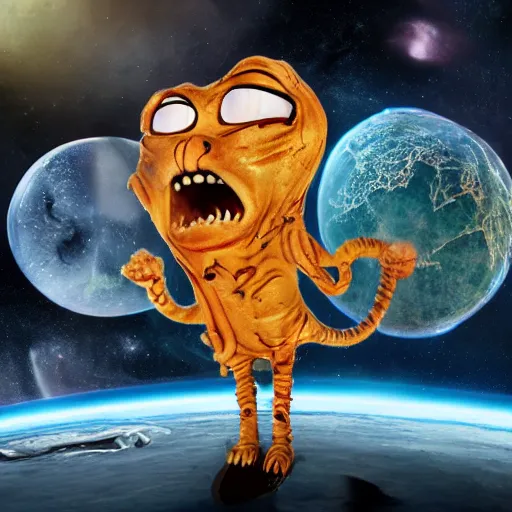 Prompt: one eldritch horror bloody garfield in space, galaxy, hd, 8 k, giant, epic, realistic photo, unreal engine, stars, prophecy, powerful, cinematic lighting, destroyed planet, debris, violent, sinister, ray tracing, dynamic, print, epic composition, dark, horrific, teeth, grotesque, scary, black ink drawing