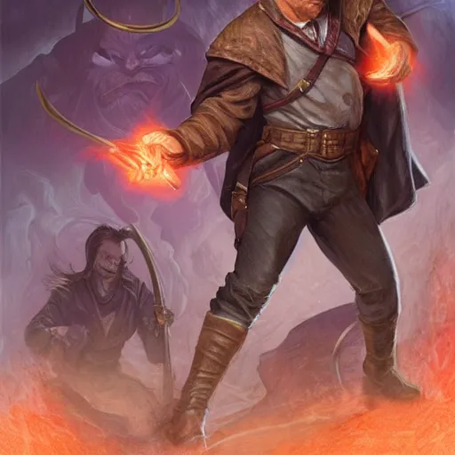 Image similar to Mustachioed Liam Neeson as Burl Gage, Antimage, casting Eldritch Bolt, iconic Character illustration by Wayne Reynolds for Paizo Pathfinder RPG