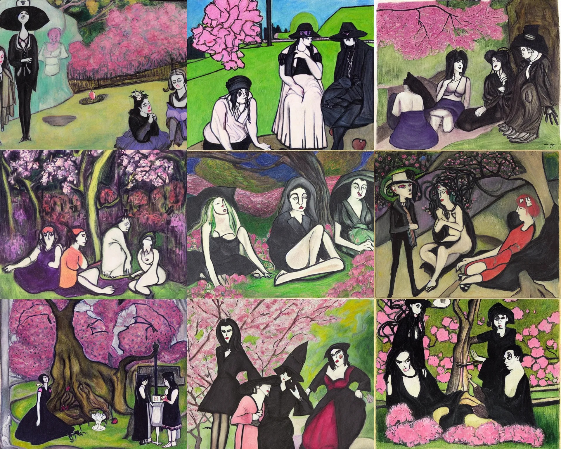 Prompt: art by emily carr. three goths loitering in the shade, talking beneath a cherry blossom outside a blockbuster video store.