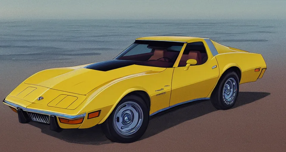Prompt: a yellow 1979 stingray corvette at the beach at sunset, t-top, convertable,digital art,detailed,ultra realistic,art by greg rutkowski