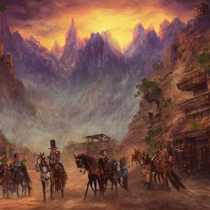 Image similar to large fantasy western town in the middle of a desert with a mountain in the background. magic the gathering art, digital media