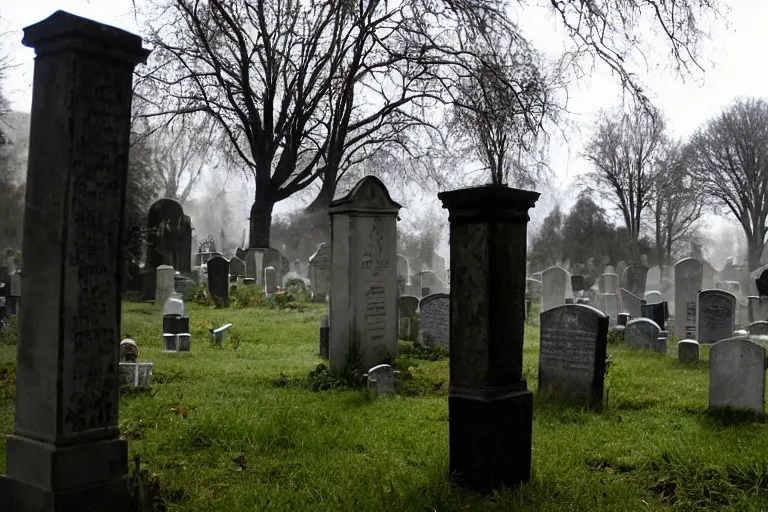 Image similar to photo of a graveyard guarded by a gravekeeper, unsettling atmosphere, eerie, bizarre, horror