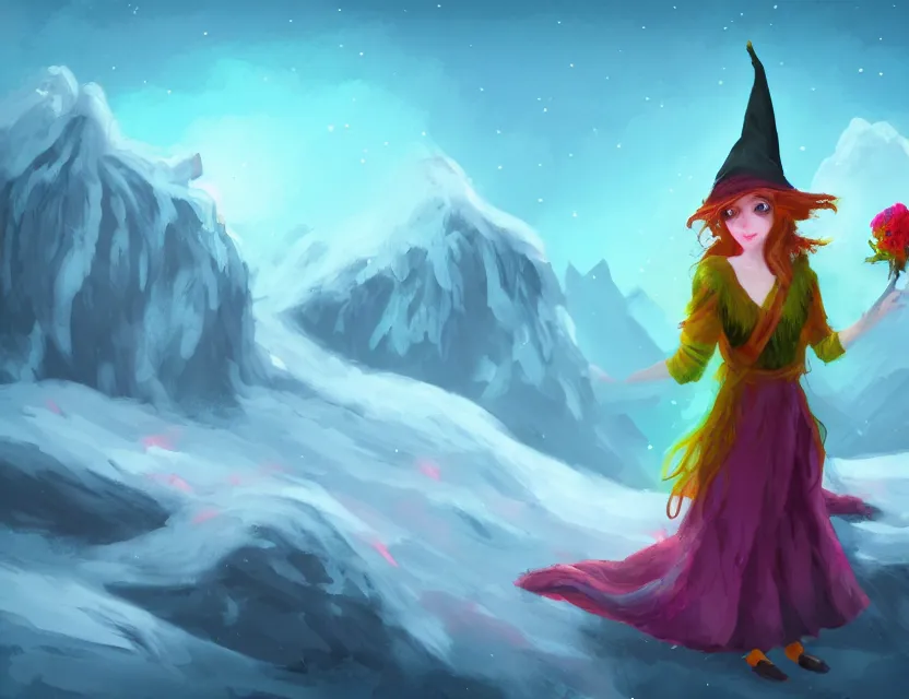 Prompt: bird witch girl in the flowering snowy mountains. complementary colors, indie concept art, luminescent, bloom, 4 k, chiaroscuro, backlighting.