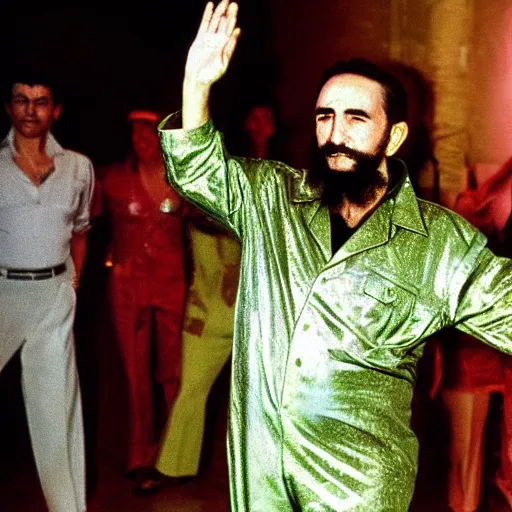 Image similar to A still of Fidel Castro wearing a disco suit in Saturday Night Fever