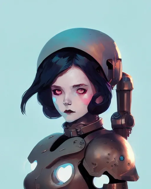 Image similar to portrait of cute goth girl in cyber armor, warhammer, by atey ghailan, by greg rutkowski, by greg tocchini, by james gilleard, by joe fenton, by kaethe butcher, dynamic lighting, gradient light blue, brown, blonde cream and white color scheme, grunge aesthetic