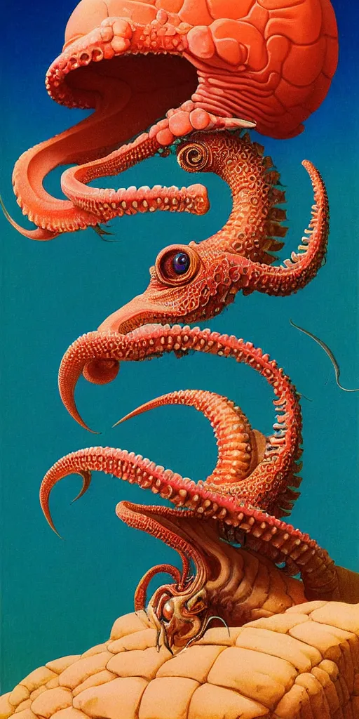 Image similar to portrait of the ammonite skeksis supermodel clad in coral armor biting into a juicy squid, by kawase hasui, dorothea tanning, moebius, edward hopper and james gilleard, aivazovsky, zdzislaw beksinski, steven outram colorful flat surreal design