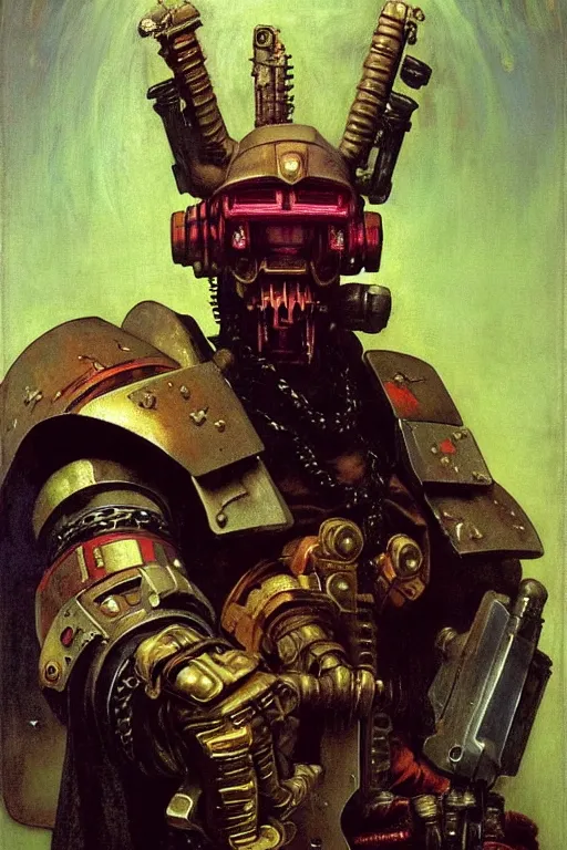 Image similar to full character portrait max mad cyberpunk warhammer 4 0 k, tech priest not the girl with the pearl earring character design, painting by gaston bussiere, katsuya terada, wyeth, greg rutkowski, barlowe, craig mullins, ( ( ( ( ( vermeer ) ) ) ) ), frank frazetta, mucha, tom of finland, trending on artstation