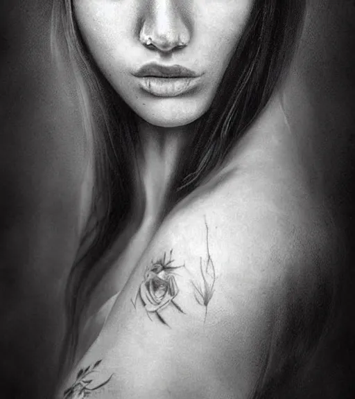 Image similar to a beautiful girl portrait, faded mountain background, realism tattoo, in the style of den yakovlev, black and white, hyper realistic, highly detailed