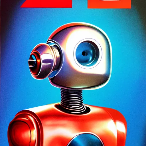 Prompt: airbrush illustration for omni magazine of a chrome robot head, illustration, airbrush, magazine cover, vivid, retro, grainy