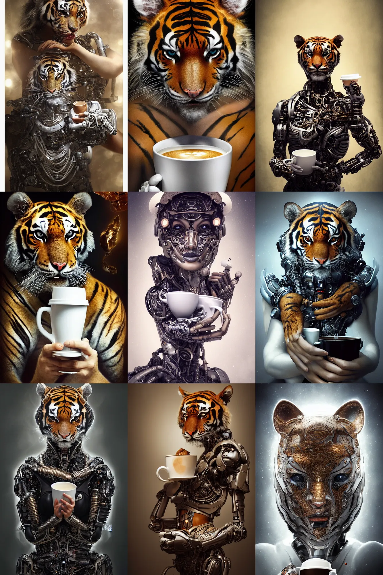 Prompt: a stunning intricate fine art portrait photo of a futuristic cyborg tiger holding a cup of coffee, by tom bagshaw and sudhir shivaram, perfection!, perfect face, milk bath photography, studio lighting, 8 5 mm lens, very detailed, bionic, cybernetic scifi, deep depth of field, artstation, 8 k, highly coherent