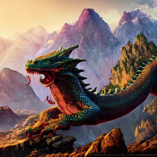 Image similar to a serpentine dragon, majestic, mountains background, ultrafine hyperrealistic detailed illustration by kim jung gi, irakli nadar, intricate linework, sharp focus, bright colors, matte, gujian, final fantasy, unreal engine highly rendered, global illumination, radiant light, intricate environment