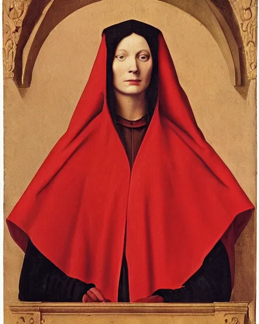 Image similar to a painting of a woman in a red cloak, a flemish baroque by antonello da messina, behance, pre - raphaelitism, da vinci, pre - raphaelite, dutch golden age