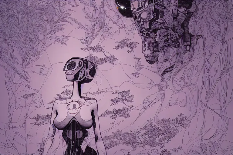 Image similar to gigantic robot - girl head floating in the space, a lot of exotic plants, trees, flowers, oldschool vintage sci - fi flat surreal grainy design, super - detailed, drawing by moebius, hd, 4 k, high quality