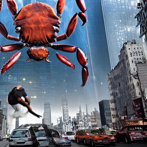 Image similar to A gigantic, huge crab, destroying New York City, ultra realistic