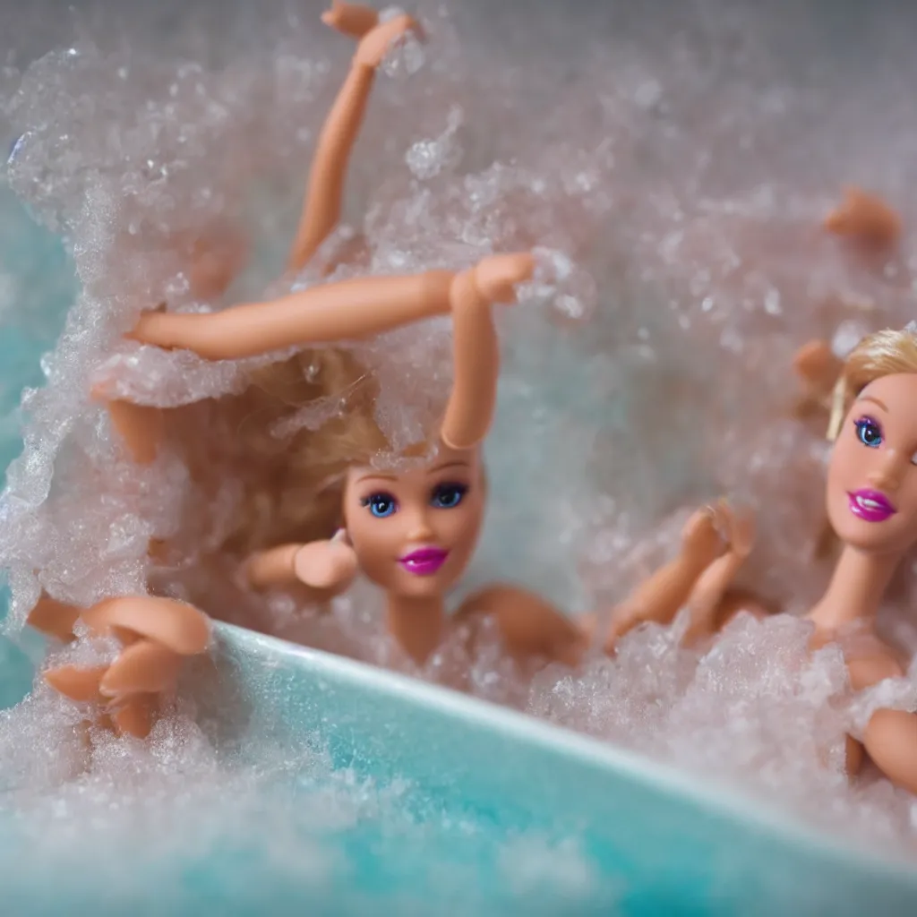 Image similar to barbie doll in the bath, macro shot, stopmotion