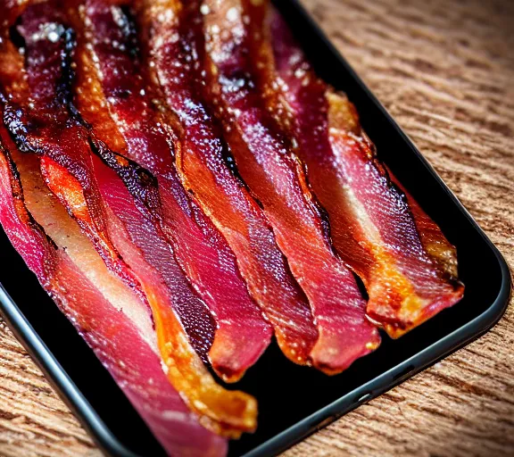 Prompt: roasted whole bacon with iphone in the mouth. highly detailed 8 k. intricate. nikon. award winning photography.