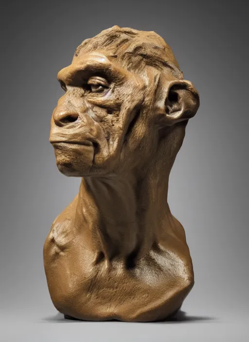 Image similar to a bust sculpture of a neandertal with feline features, ceramic base, front view, studio lighting, expresive