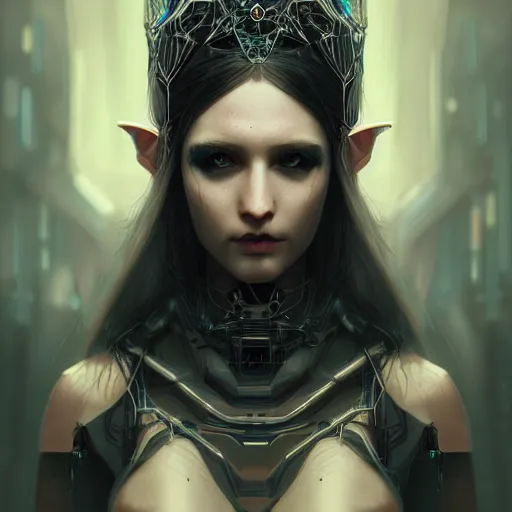 Image similar to cyberpunk robotic dark elvish queen, diadem on the head, black tears, extremely detailed, hyperrealistic, intricate, soft light, fantasy, digital painting, art station, perfect faces, fine details, by wlop