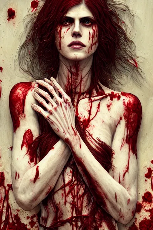 Image similar to woman skeleton covered with blood, alexandra daddario face, long red hair, ultra realistic, concept art, intricate details, highly detailed, photorealistic, octane render, 8 k, unreal engine. retro film still, heavy grain, 3 5 mm, art by artgerm and greg rutkowski and alphonse mucha