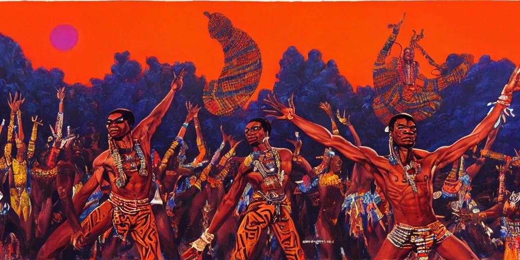 Prompt: a wide - angle detailed painting of fela in an african attire, performing on stage to millions of aliens while spaceships cover the orange - colored sky, by bruce pennington.