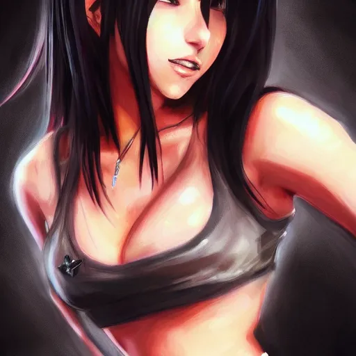 Image similar to high quality portrait of tifa lockhart, detailed background, trending on artstartion