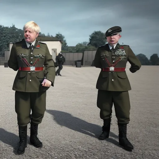 Image similar to Boris Johnson with Waffen SS officers body, realistic artstyle, wide shot, dramatic lighting, octane render, hyperrealistic, high quality, highly detailed, HD, beautiful, cinematic, 8k, unreal engine, facial accuracy, symmetrical
