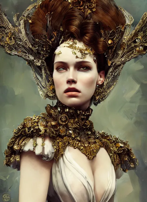 Image similar to portrait of beautiful female model by irakli nadar with intricate detailed wearing victorian dress designed by alexander mcqueen and rocky gathercole, haunting, elite, elegant, ruan jia, dark, hyper detailed, concept art, by gustav klimt,