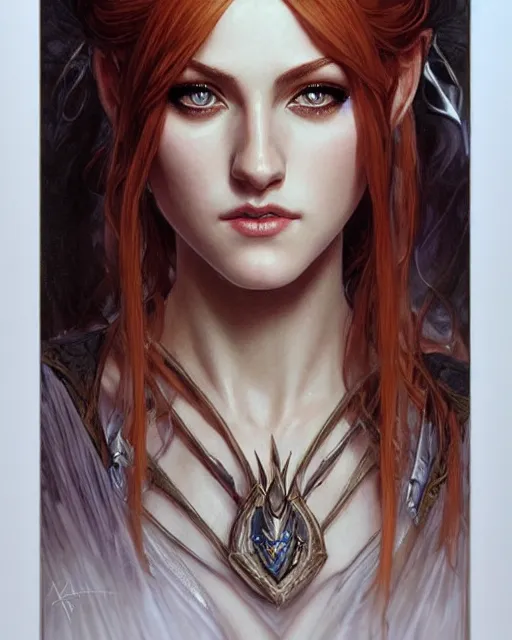 Image similar to portrait of katherine mcnamara elven mage, dark, piercing eyes, gentle expression, elegant clothing, photorealistic, highly detailed, artstation, smooth, sharp focus, art by michael whelan, artgerm, greg rutkowski and alphonse mucha