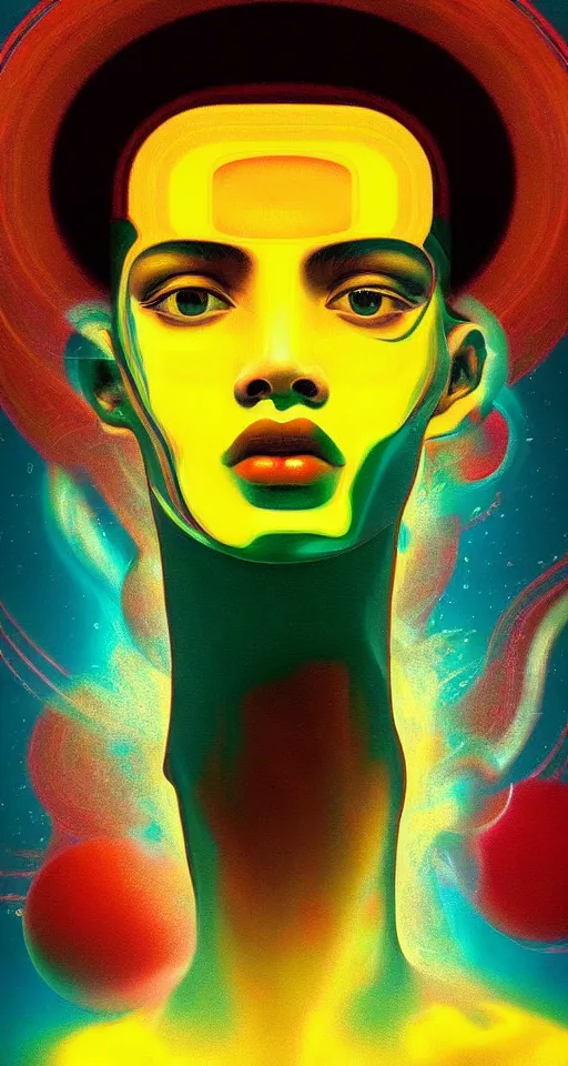 Image similar to art deco close up portait of head surrounded by spheres, like a dream digital painting cinematic dramatic fluid lines otherworldly vaporwave interesting details rule of thirds epic composition by artgerm basquiat