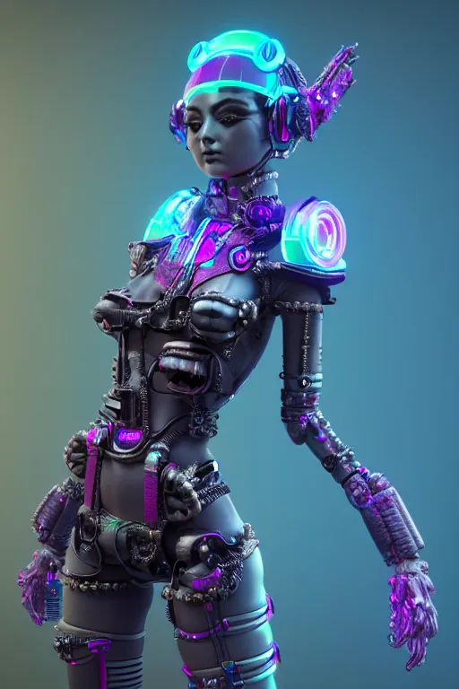 Image similar to full-length view of kawaii cyberpunk statue of a beautiful ravepunk Elokitty cyborg goddess wearing a retro-futuristic armor. Cosmic lovecraftian horror elements. Trending on artstation, hyperrealism, octane render, 8k, depth of field, 3D