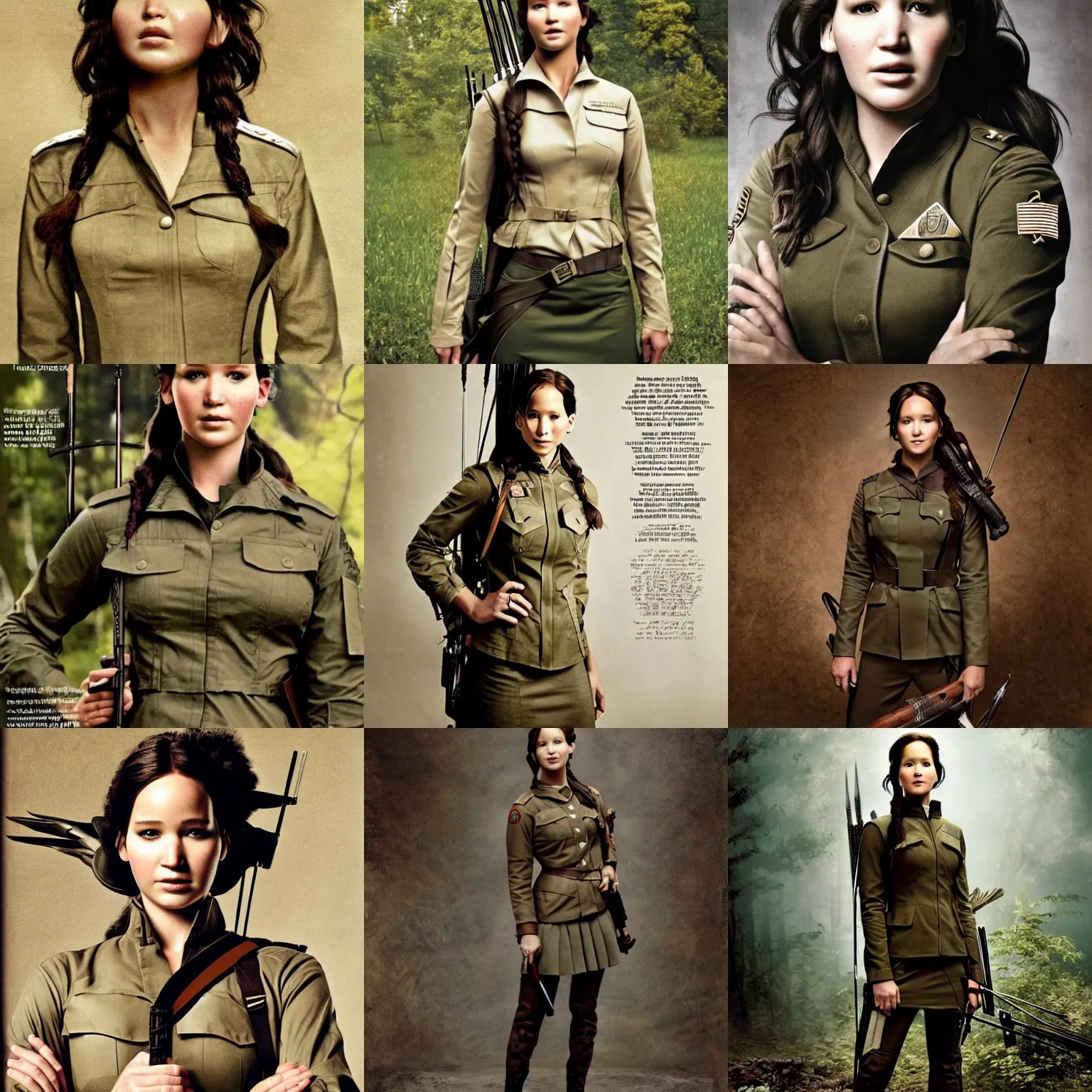 Prompt: katniss everdeen as an army general, wearing a khaki jacket, shirt and tie with skirt, photo portrait by annie leibovitz