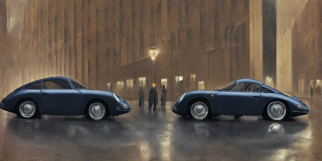 Prompt: Mysterious figure at a silver Porsche 550 with its headlights on, parked on the side of the road in the city of Cologne in the rain, by George Tooker, moody, ominous, lighting, hyper-realistic.