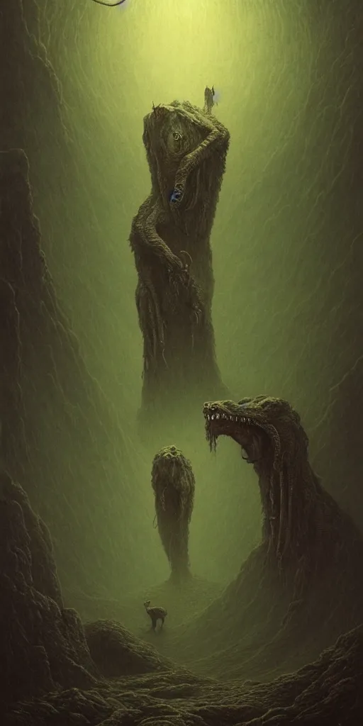 Prompt: ancient great beasts dancing on a moutain, beksinski, eldritch, apocalypse, creepy creature, horror spooky, dramatic light, 4 k, illustration, extremely detailed