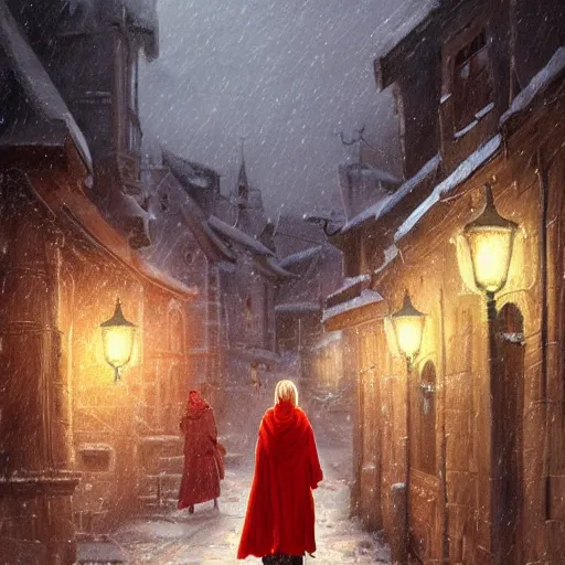 Image similar to blond girl in red cloak walks through snowy village by lamplight, detailed intricate ink illustration, dark atmosphere, detailed illustration, hd, 4k, digital art, overdetailed art, concept art, by greg rutkowski, by loish, complementing colors, Trending on artstation, deviantart