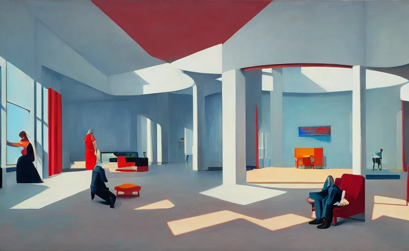 Image similar to Interior shot of contemporary museum with abstarct arts hanging on the wall, very coherent, painted by Edward Hopper, painted by James Gilleard, airbrush, art by JamesJean