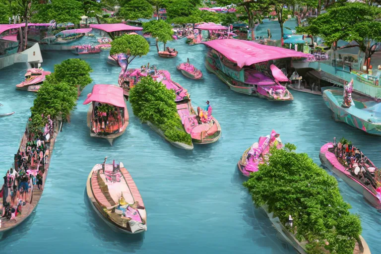 Image similar to futuristic floating markets of singapore river along boat quay turquoise and pink river during sakura tree season on thermal waters flowing down white travertine terraces during interstellar aurora borealis, gold waterfalls, vendors, festivals, fun, by peter mohrbacher, james jean, james gilleard, greg rutkowski, vincent di fate, rule of thirds, octane render, beautiful landscape