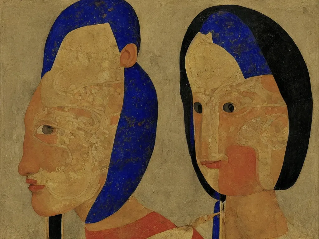 Image similar to portrait of a woman head with tibetan archaic mask. lapis lazuli, malachite, obsidian, gold. painting by piero della francesca, balthus, agnes pelton