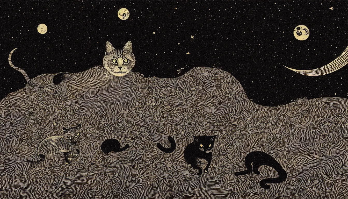 Image similar to a cat looking at the night sky by woodblock print, nicolas delort, moebius, victo ngai, josan gonzalez, kilian eng