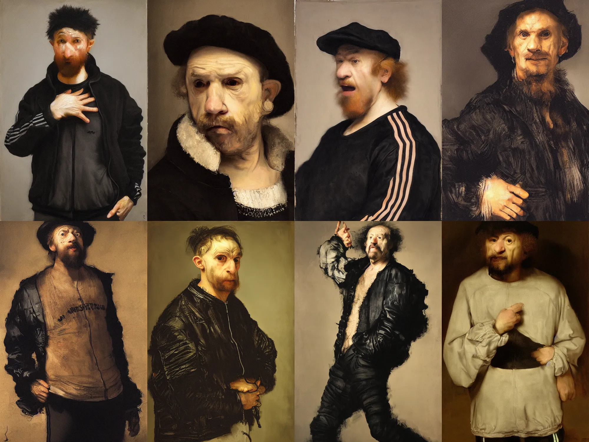 Prompt: drunk angry man in black adidas sportswear jacket, expressive beautiful portrait,painting by Rembrandt