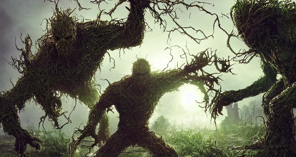 Image similar to Marvel Comics Man Thing Battles DC Comics Swamp Thing In A Misty Swamp, bats, sunset, volumetric lighting, hyperrealistic, beautiful details, HDR, octane render, action shot, wide angle, bokeh, Yasushi Niarasawa Moebius Jim Steranko Style